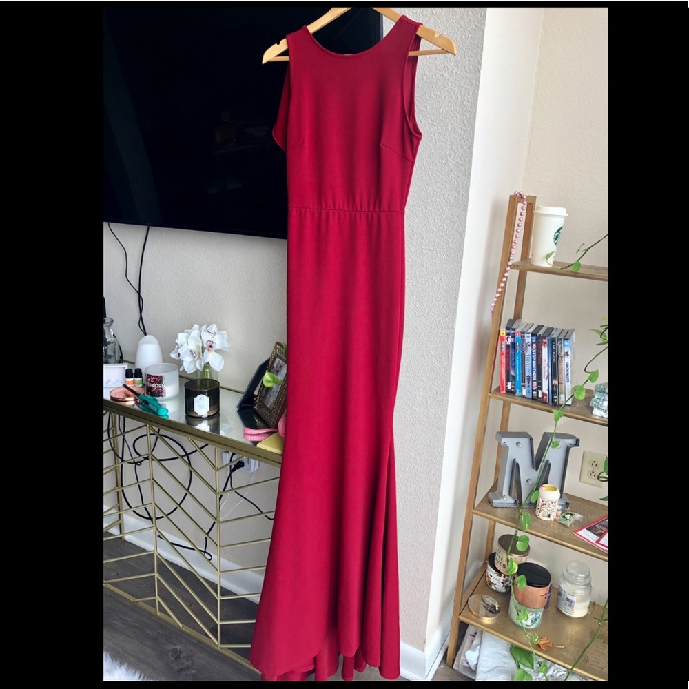Deep Red Open Back with Ruffle Detail Gown